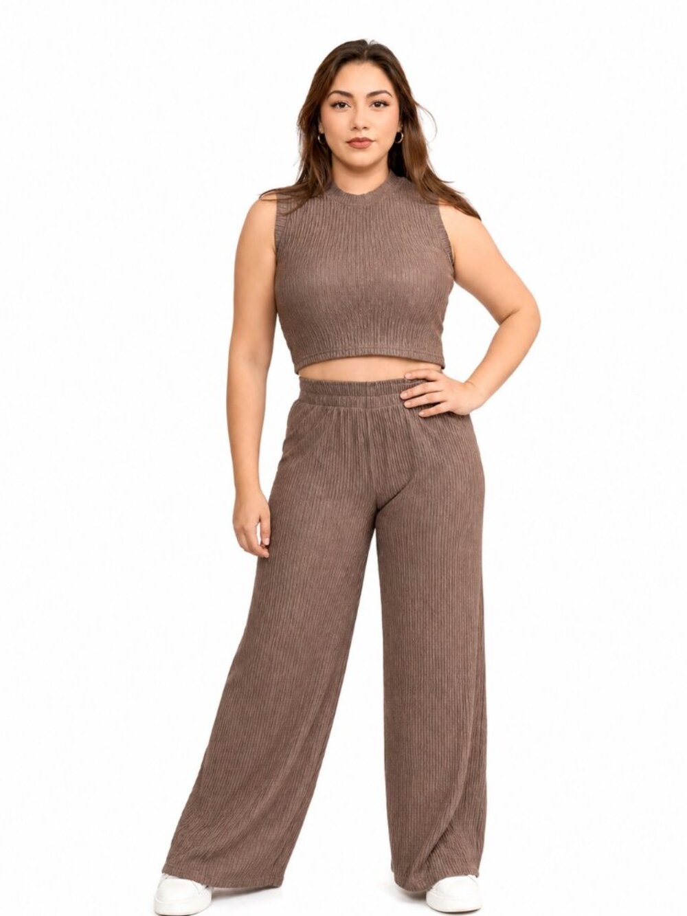 Women's 2 Piece Ribbed Matching Set Sleeveless Crop Top Wide Leg Pants